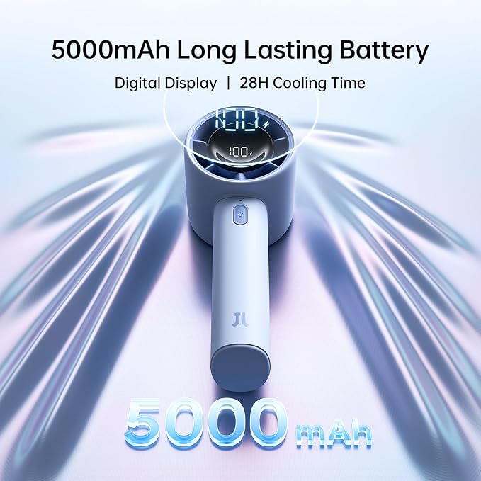JISULIFE Life10S Portable Handheld Turbo Fan, 5000mAh Rechargeable, 5-Speed | Travel Essential for Beach, Concerts, Ultra-Quiet, 28H Max Runtime, Powerful Cool Airflow, LED Display, Gift for Women & Men - Image 3