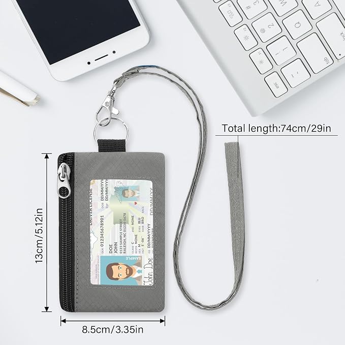 Minimalist RFID Blocking Wallet with 2 Zip Pockets and Lanyard, Water Resistant ID Case with Key Ring and Cards Badge Holder, Coin Purse Pouch for Men and Women Travel Sports -BK+GR - Image 2