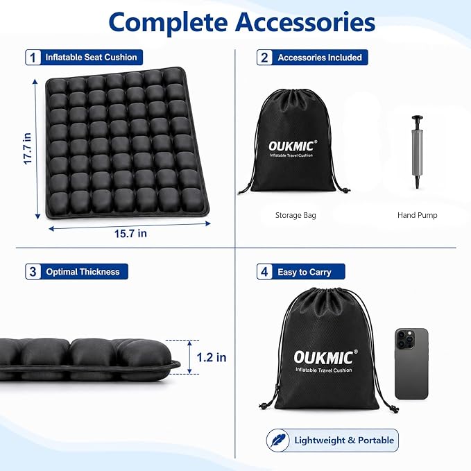 Ergonomic Inflatable Seat Cushion with 56 Airbags | Portable Travel Cushion, for Long Flights, Car & Office, Black - Image 6