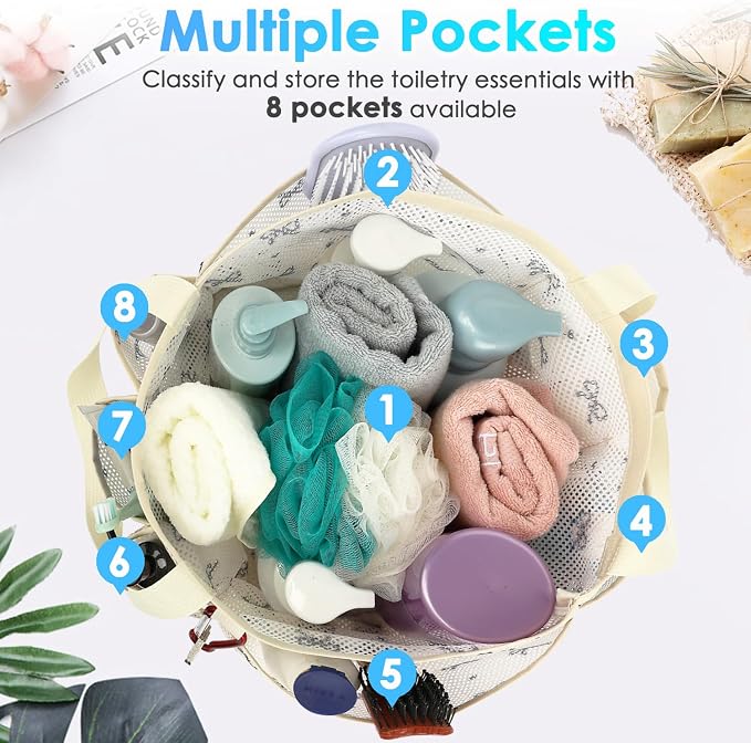Fammart Mesh Shower Caddy Portable for College Dorm Room Essentials, Odorless Polyester Large Shower Tote Bag with Dual Handles, 8-Pocket Quick-Dry Toiletry Organizer for Travel, Beach, Camping, Gym - Image 4