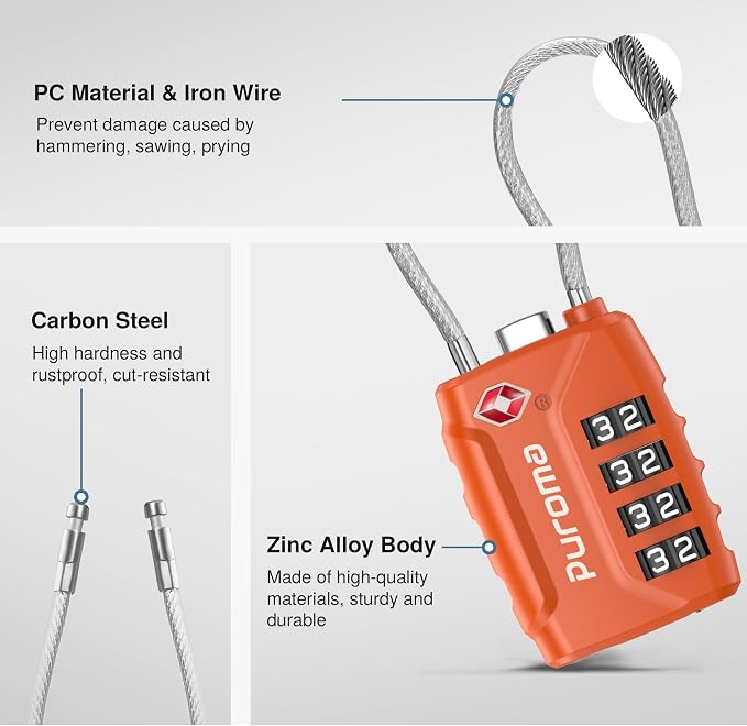 Puroma 2 TSA Approved Luggage Locks 4 Digit Code Cable Lock Robust Orange | Resettable, Flexible Cable, Zipper holes, Zinc Alloy, Bright Color, Large White Numbers, Suitcase Train Travel, laptop bag - Image 5