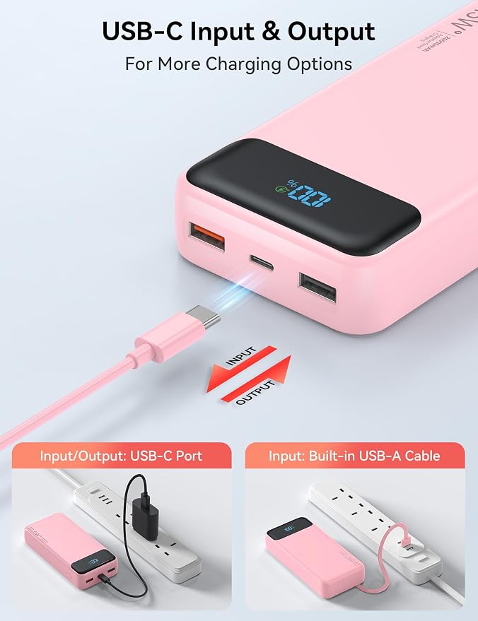 Nusyddy Portable Charger 20000mAh 22.5W w/4 Built-in Cables/6 Outputs Pink | 22.5W Fast Charging, LED Display, Pass Through Charging, Charge 6 Devices at once, TSA Approved, Fits iPhone, iPad, Samsung - Image 6