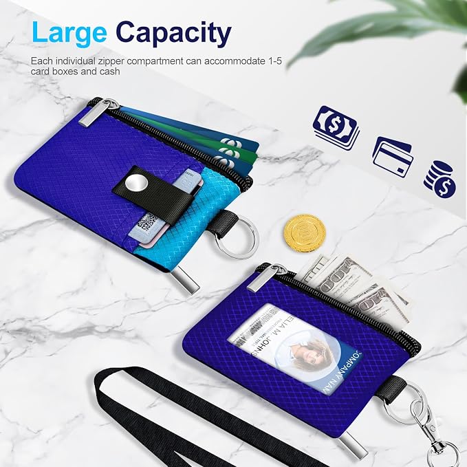 Minimalist RFID Blocking Small Wallet with ID Window,WaterResistant Zip Id Case Wallet with Lanyard Keychain for Cards,Cash,Travel,Women,Men (Sapphire Blue/Lake Blue) - Image 6
