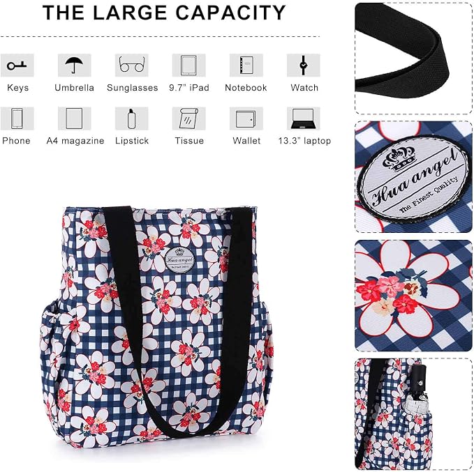 HUA ANGEL Floral Tote Bag - Casual Shoulder Bag Daily Tote Bag with Zipper Gym Travel Shopping Work Handbag for Women - Image 4