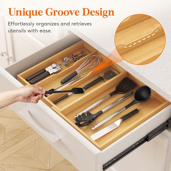 Lifewit Bamboo Utensil Organizer for Kitchen Drawer, Cooking Utensil Tray | Expandable Cutlery Silverware Flatware Holder, Wood Adjustable Spatula Tools Storage Divider, 11.9-21.7 x 15.75", Natural - Image 6