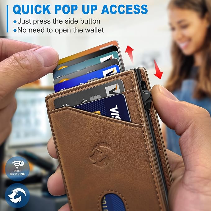 Wallet for Men, Slim Pop Up Card Holder with RFID Blocking, Minimalist Bifold Wallet with 9 Card Slots, ID Window and Cash Pocket, Metal Flip Case with Magnetic Closure, Gift Box - Image 5