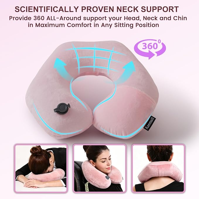 Keemall Inflatable Travel Neck Pillow for Airplane to Relieve Neck Pain | U-Shaped with Soft Washable Cover,Ergonomic Cervical Support for Flights, Car, Home, Camping&Office Naps, Gift for Women,Pink - Image 2