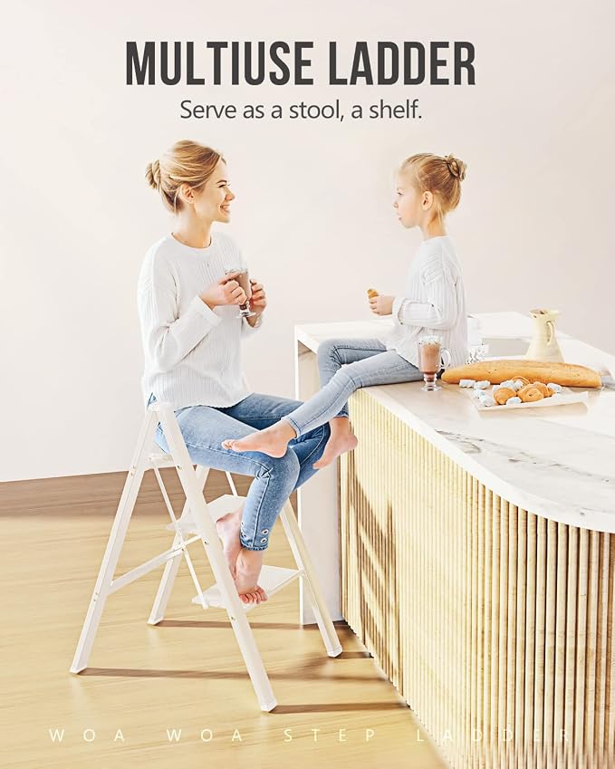 3 Step Ladder, Foldable Step Stool, 300lbs Load, White | Folded 35''H x 2''T; Net 8 lbs; Rigid Aluminum Steps; No Assembly; For Home, Kitchen, Office, Pantry, Closets, Cabinets - Image 7