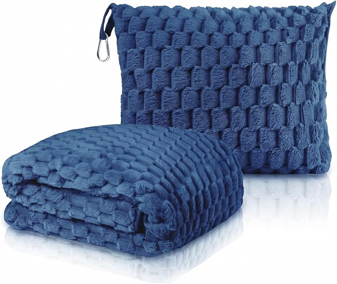 Travel Blanket with Bag, Soft Fleece Portable Airplane Blanket, Navy Blue | Soft fleece travel blanket 50x60in grey. 5-in-1: pillow, lumbar support, shawl, hand warmer. Washable, luggage sleeve, clip. by Unknown