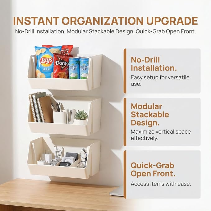 Wall Mounted Storage Organizer Bins, Shower Caddy Kitchen Shelf Floating, Space Saving Shelves Box with Adhesive Pads, Stackable Organizer for Bathroom、Office、Snacks、Refrigerator、Countertops - Image 4
