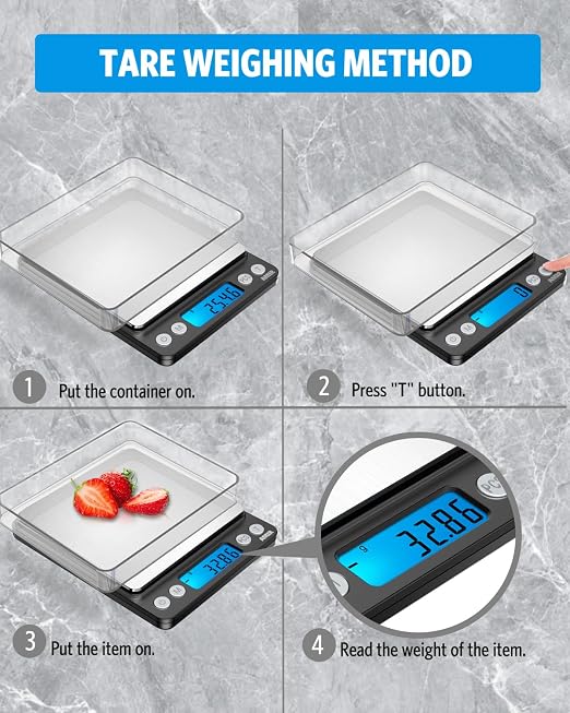 AMIR Digital Kitchen Scale, 500g/0.01g Mini Pocket Jewelry Scale, Cooking Food Scale with Backlit LCD Display, 2 Trays, 6 Units, Auto Off, Tare, PCS Function, Stainless Steel, Battery Included, Black - Image 2
