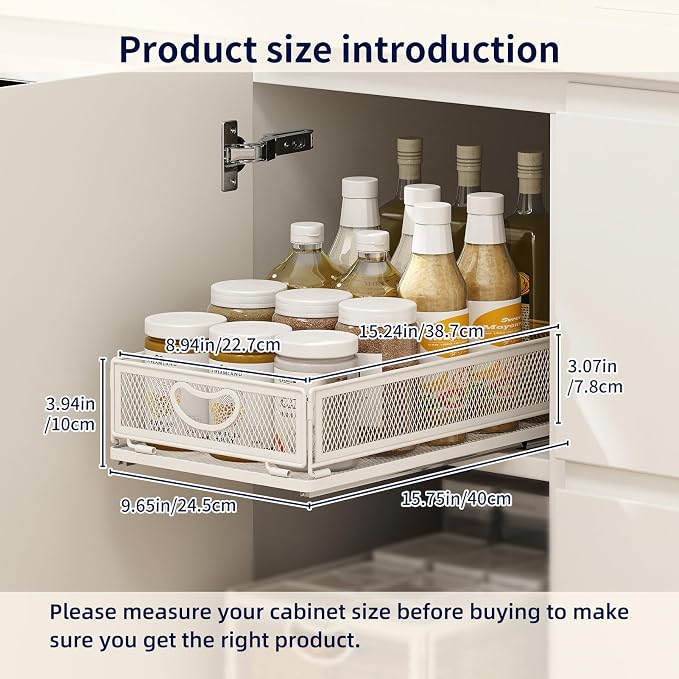Pull Out Cabinet Organizer, No Drill Adhesive Sliding Drawers for Kitchen, Metal Mesh Wire Storage Shelf for Pantry & Under Sink, White (9.6" W x 15.7" D x 3.9" H) - Image 3