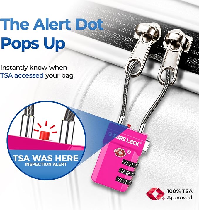 SURE LOCK TSA Approved Luggage Locks with Open Alert Indicator, 3 Digit Combination Cable Travel Lock for Suitcase, Backpack, Gym Locker, Toolbox, Carry On & Travel Bag - Image 3
