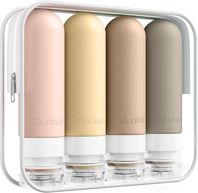 Quatish Travel Bottles for Toiletries, Original Patented Leak Proof Travel Size Containers, 3 oz Tsa Approved Silicone Shampoo and Conditioner Bottles, 4 Pack, Brown by Quatish