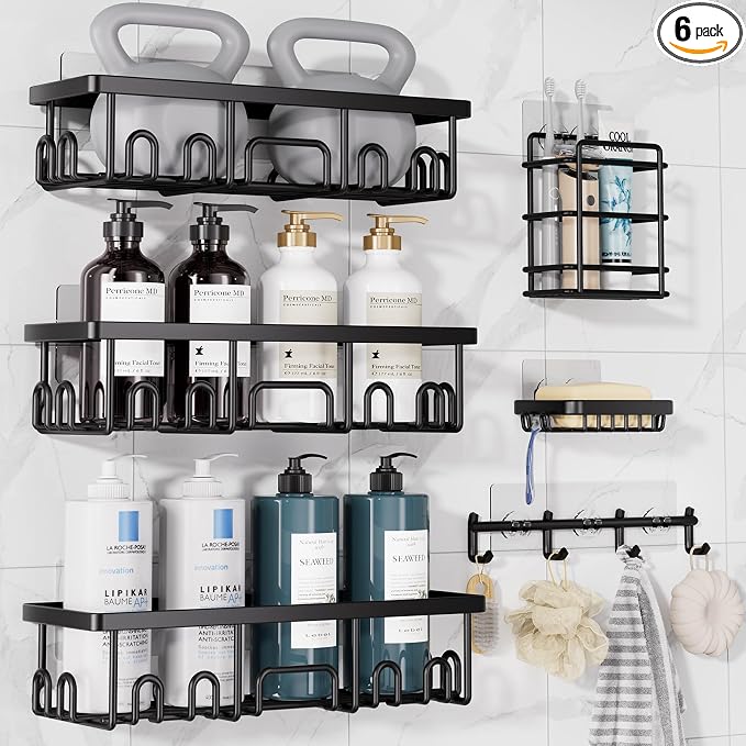 Veken Shower Caddy 6-Pack with Hooks, Bathroom Organizers & Storage, Black | Advanced Rustproof Design, Large Capacity, No Drilling, Adhesive Shelves Rack, Wall-Mounted Kitchen & Home Decor by Veken