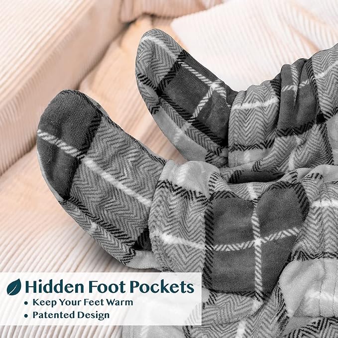 PAVILIA Fleece Blanket with Sleeves, Foot Pockets for Women Men Adults, Plush Wearable Blanket Throw Wrap, Warm Snuggle Blanket Robe, Cozy Gift Ideas Wife Mom, Plaid Dark Gray - Image 2