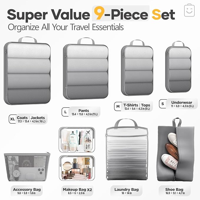 Veken 9/11 Set Compression Packing Cubes Garment Bags for Travel Essentials,Compressible Expandable Luggage Organizer Bags for Clothing,Space Saver Bags with Over 1000 pcs of Mesh Holes(Gray) - Image 2