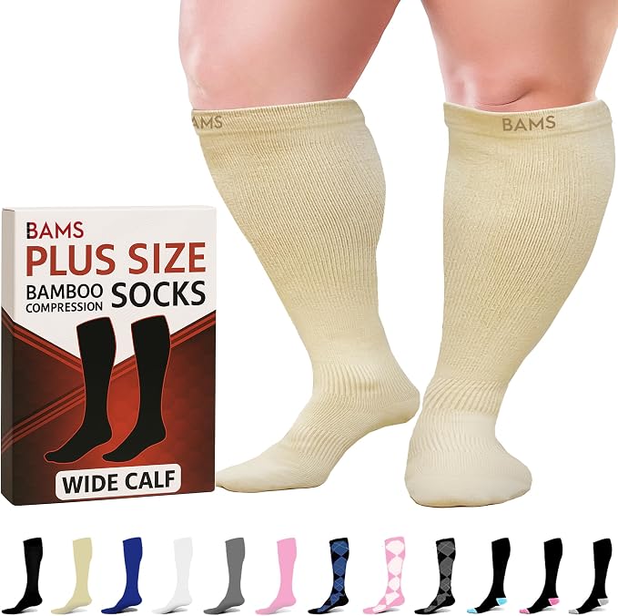 BAMS Plus Size Compression Socks Wide Calf XL XXL XXXL – Graduated Knee-High Support, Viscose from Bamboo Easy-On/Easy-Off by BAMS