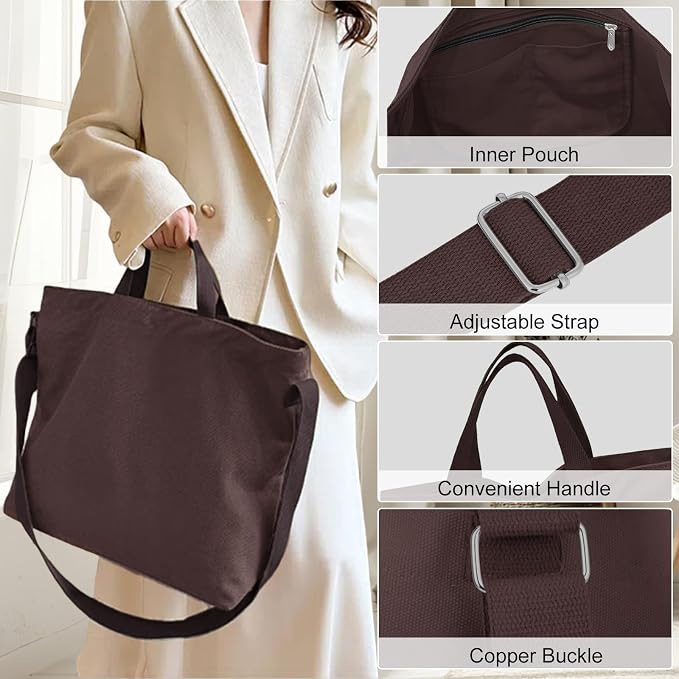 Women's Canvas Tote Bag inside Out Bag with Adjustable Crossbody Strap for Work Travel Shopping Durable Handbag for Men - Image 2