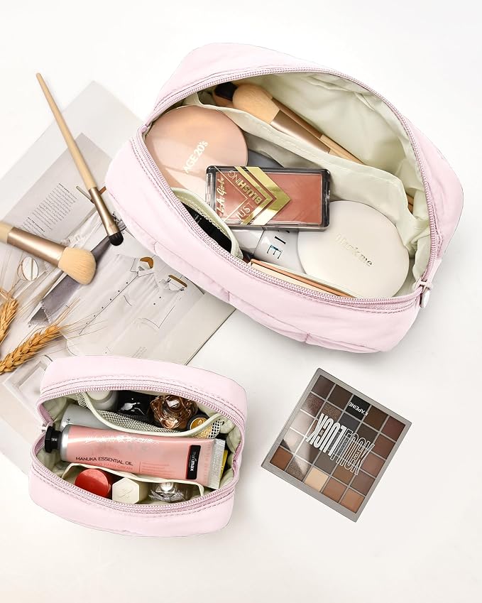 2 Pcs Makeup Bag Travel Toiletry Bag for Women Puffy Padded Cosmetic Pouch Purse Wide-open Makeup Organizer Case Travel Essentials - Image 2