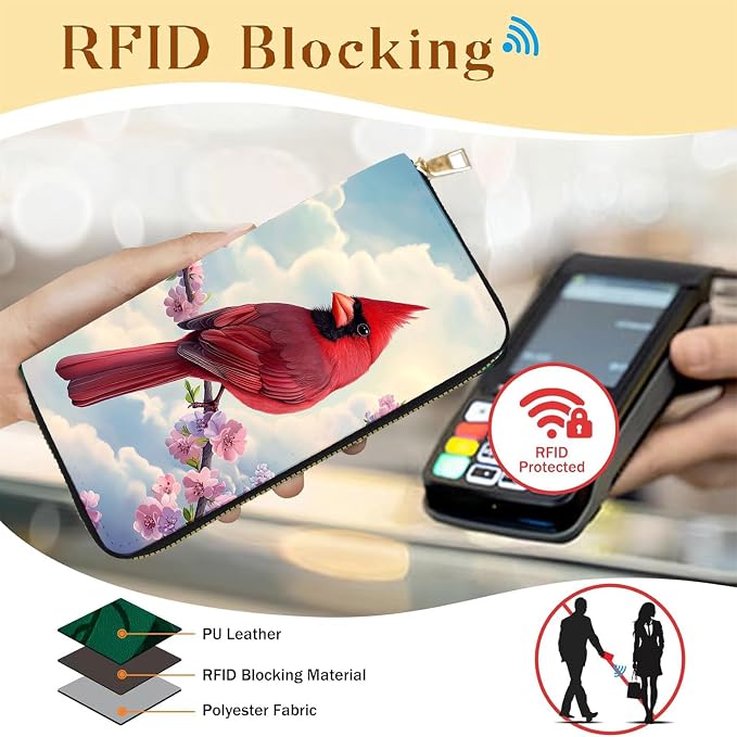 Women's RFID Blocking PU Leather Zip-Around Wallet, Large Capacity Clutch with Phone Holder, Travel Purse & Card Organizer with Removable Wristlet,Red Cardinal Bird - Image 2