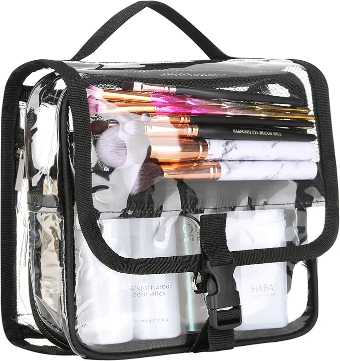 Clear Toiletry Bag with TSA Liquids Travel Bag, Hanging Travel Transparent Makeup Cosmetic Organizer, Waterproof Carry On Airline 3-1-1 Compliant Bag Quart Sized Luggage Pouch (Black-Clear) by HAOGUAGUA