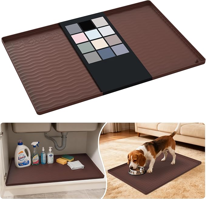 URMONA Waterproof Silicone Under Sink Mat 28'' x 19'' Shelf Liner for Kitchen and Bathroom, Cabinet and Counter Protector, Storage and Organizers, Litter Mat, Pet Cat Puppy Essentials(Brown) by URMONA