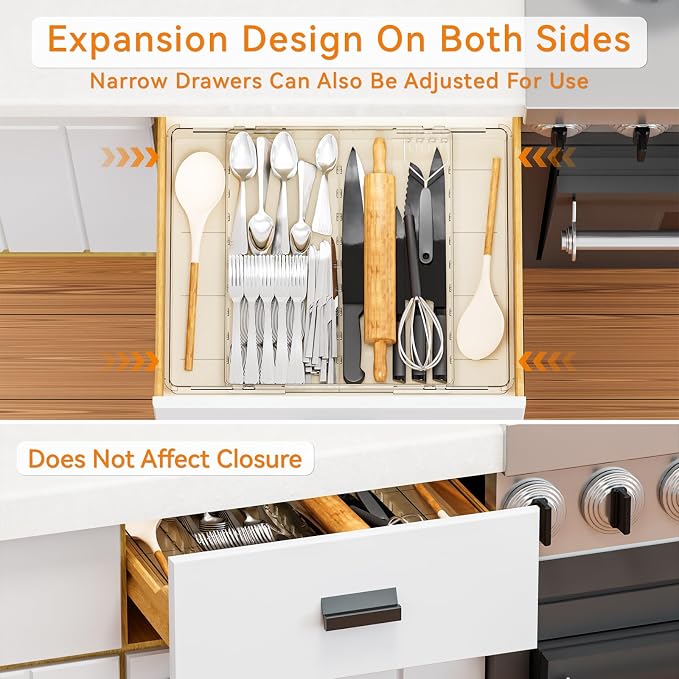 Large Expandable Silverware Organizer - Adjustable From 11'' to 21.3'' - Spatula,Gadget,Knife,Cutlery,Spoons and Forks Organizer,Clear Flatware,Silverware Tray,Utensil Organizer for Kitchen Drawers - Image 3