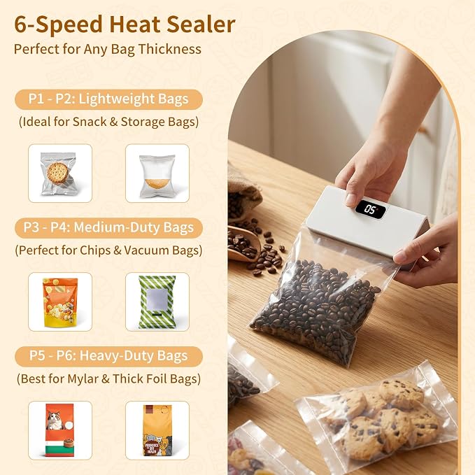 Mini Rechargeable Bag Sealer with LED Display for Food Storage | 6 adjustable heat levels, portable design, built-in cutter, magnetic base, works for all plastic food & snack bags - Image 3
