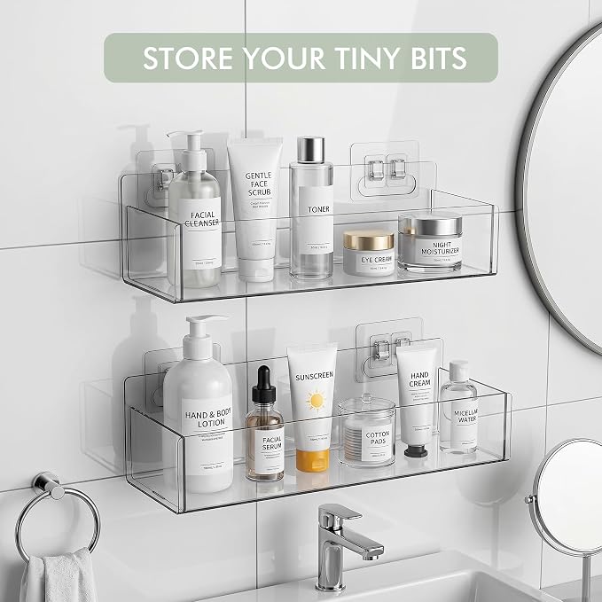 Acrylic Adhesive Cabinet Door Organizers 2Pack 13"x4" Clear Shelf Wall Bins | No-Drill Wall Organizers, Clear Visible Storage, Caddy Bins for Shower Bathroom Kitchen Under Sink RV Camper Organization - Image 8