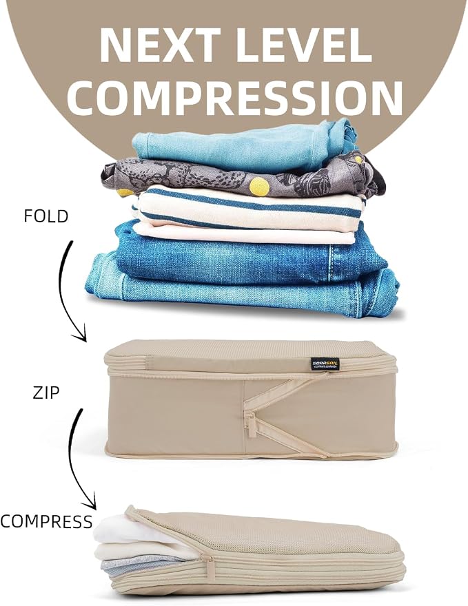 Compression Packing Cubes for Travel, 6-Piece Set (Large/Medium/Small), Double-Zip Luggage Organizers for Suitcase & Carry-On, Clothes Storage Bags (Classic Khaki, 6 Pack) - Image 3