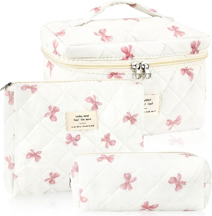 URSKYTOUS 3Pcs Cotton Quilted Makeup Bag for Women Extra Large Coquette Small Floral Travel Cosmetic Bag Set Aesthetic Cute Bow Makeup Pouch Portable Toiletry Bag Puffy Essential Storage Organizer by URSKYTOUS