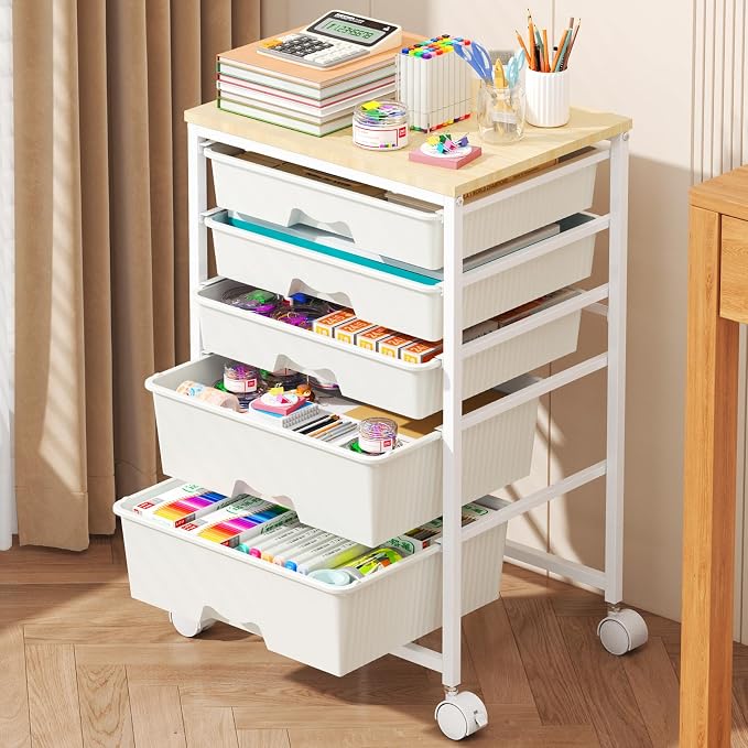 Goovilla Rolling Cart with 5 Drawers for Craft, Art, Dorm, Office, White | Utility Cart Organizer With 5 Removable Drawers and Wooden Tabletop, Lockable Rolling Storage Organizer for Classroom, Home by Goovilla