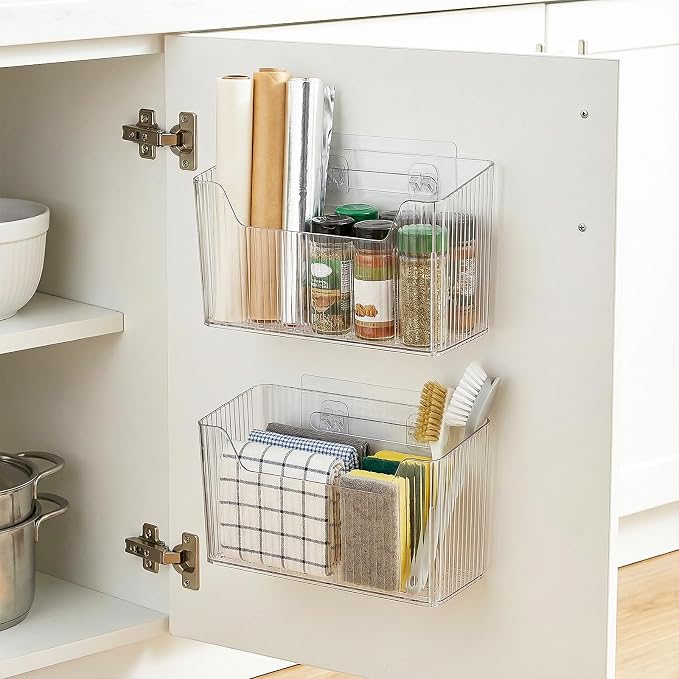 6 Pack Clear PVC Storage Organizer Bins, Wall Mounted Adhesive Baskets for Cabinet Door, Kitchen, Bathroom & Pantry Organization - Image 7