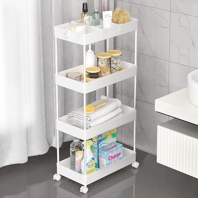 4 Tier Rolling Cart with Wheels, Storage Craft Art Trolley Organizer Serving, 3 Hanging Baskets Easy Assembly, for Office, Living Room, Kitchen by Home