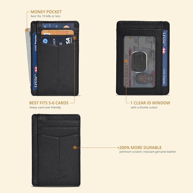 Slim Minimalist RFID Leather Wallet, Front Pocket Card Holder, Jet Black - Image 2