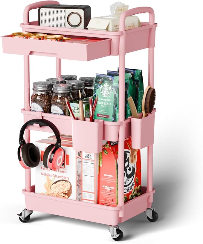Sorgion 3 Tier Rolling Cart Organizer,Laundry Room Bathroom Organizers and Storage Office Shelves Mobile Shelving Unit Kitchen Trolley Cart with Wheels for Art,Craft,Diaper,Bedside,Snack(Pink) by Sorgion