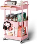 Sorgion 3 Tier Rolling Cart Organizer,Laundry Room Bathroom Organizers and Storage Office Shelves Mobile Shelving Unit Kitchen Trolley Cart with Wheels for Art,Craft,Diaper,Bedside,Snack(Pink) by Sorgion