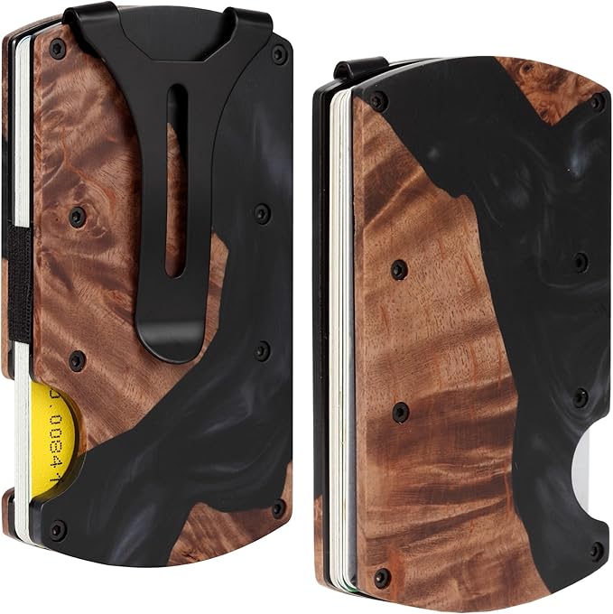 Minimalist Wallet for Men, Slim Metal RFID Blocking Wallet Credit Card Holder Money Clip & Cash Strap, Scratch-Resistant Holds 15 Cards,Ideal Gift for Men | Resin Wood, Unique Pattern,Black by Unknown