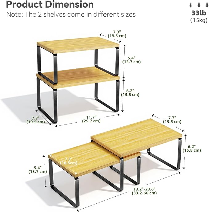 Simple Trending Bamboo Cabinet Organizer Shelf, Set of 2 Kitchen Counter Shelves, Stackable Expandable Spice Rack Kitchen Storage, Black and Natural Beige - Image 3