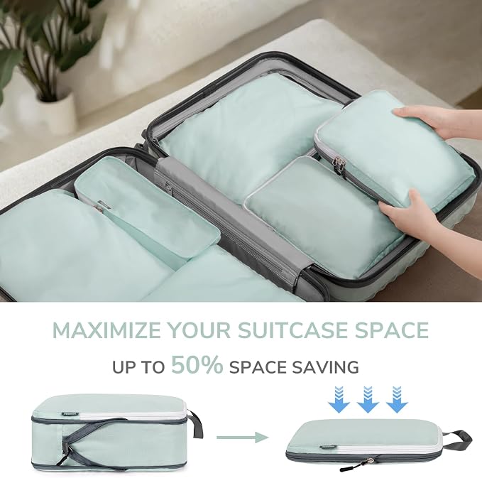 7 Set Compression Travel Packing Cubes for Suitcases, Grey Blue | Travel Essentials for Suitcase, Luggage Organizer Bags for Travel with Shoe Bag, Travel Bags for Shoes, Clothing - Image 6