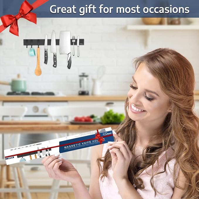Dmore magnetic knife holder for wall—with 3 hooks, No Drilling, 16 Inch | Black knife magnetic strip, Powerful knife magnet rack, include Adhesive Tape and screws for Knives, Utensils, and Tools - Image 6