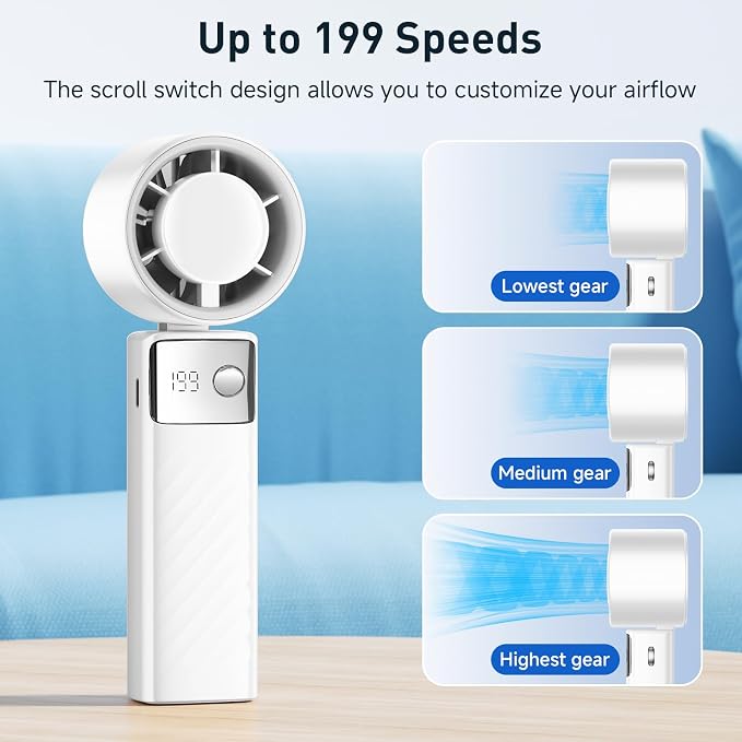 YOSHENMO Portable Handheld Turbo Fan - Foldable Mini Fan with Air Turbo Tech, 1-199 Speed Adjustment, 20H Runtime, LED Display, Battery-Powered for Indoor/Outdoor Use Light White - Image 3