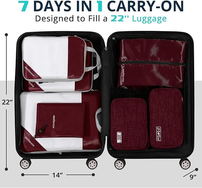 7 Set Compression Packing Cubes for Travel - Compressible, Lightweight, and Space-Saving Packing Cubes, Travel Essentials for Women, Wine - Image 6