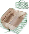 BAGSMART Puffy Travel Makeup Bag Toiletry Bag for Women, Checkred Green | Open Flat, Portable, Make Up Organizer, Water-resistant, Puffy Padded, For Toiletries, Brushes by BAGSMART