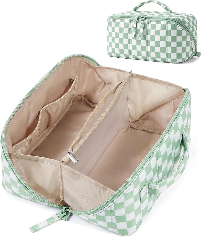 BAGSMART Puffy Travel Makeup Bag Toiletry Bag for Women, Checkred Green | Open Flat, Portable, Make Up Organizer, Water-resistant, Puffy Padded, For Toiletries, Brushes by BAGSMART
