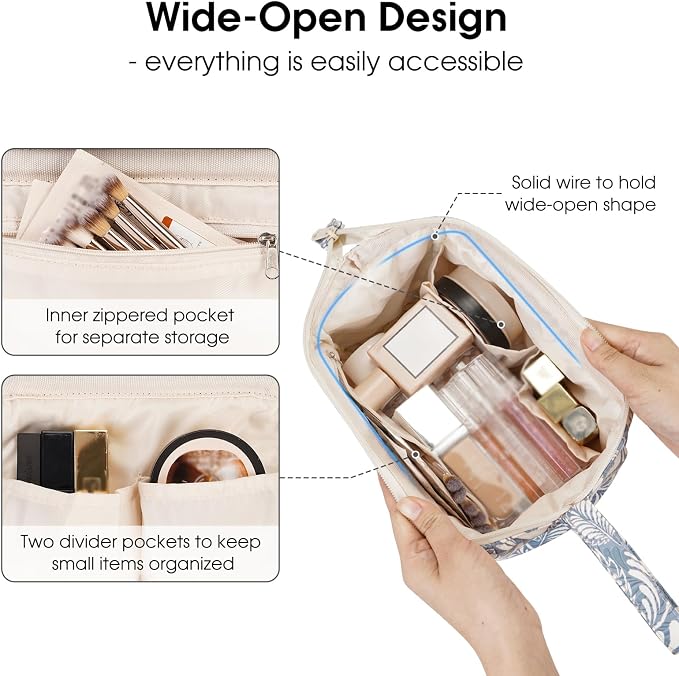 Narwey Women Makeup Bag Wide-open Make up Bag Travel Cosmetic Organizer Toiletry Bag for Cosmetics Toiletries Accessories (Blue Leaf) - Image 2
