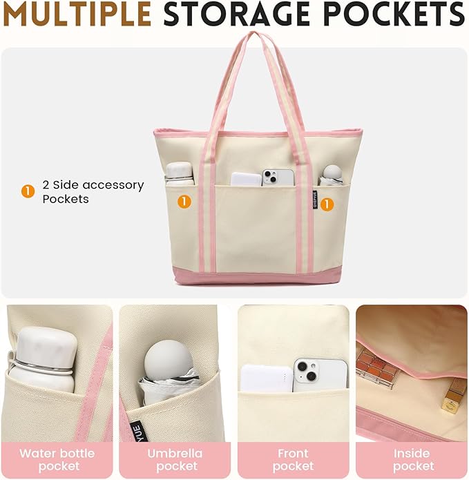 Large Canvas Tote Bag for Women, Beach Bag with Zipper, Utility Tote Bag with 3 Front Pockets, Weekender Pool Bag - Image 4