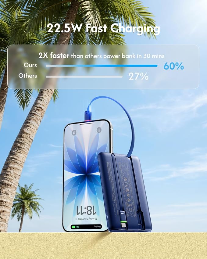 VEGER 10000mAh 22.5W Fast Charging Portable Charger with Built-in Cables | 0.4lb Slim USB C Power Bank, Small Battery Pack for iPhone 17/16/15/14 iPad Samsung, Flight Safe, Travel Essential, Navy Blue - Image 3
