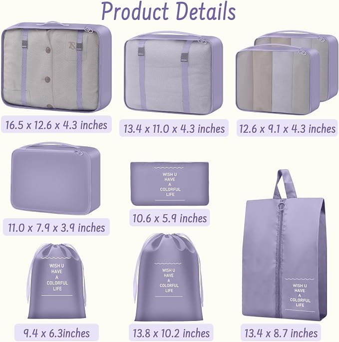 9 Set Packing Cubes for Travel Essentials - Lightweight Carry-On Luggage Organizer Bags with Shoe, Clothes & Laundry Bags for Airplane, Family & Business Travel, Purple - Image 2